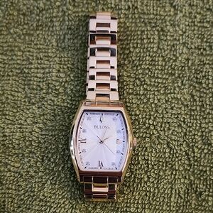 Bulova Ladies Tonneau Diamond-accented Gold Tone Watch - 97P148